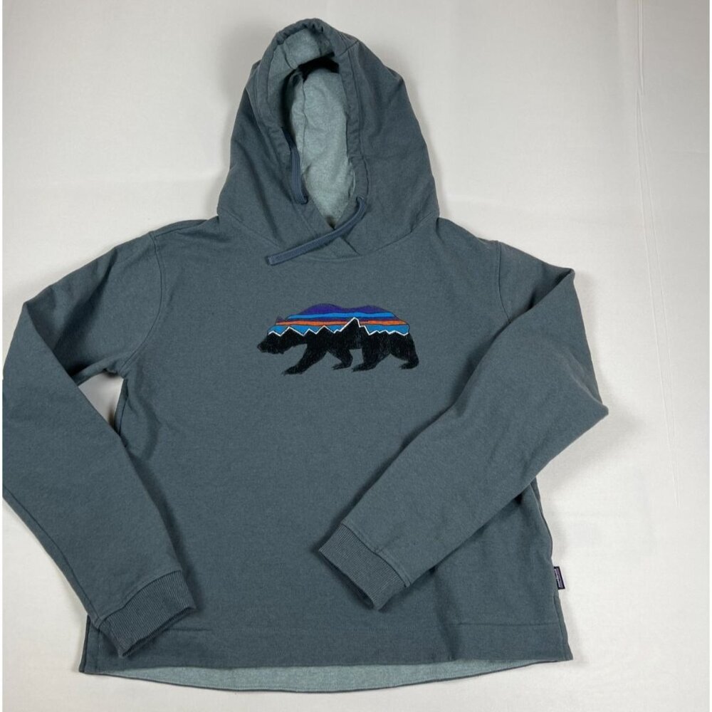 Patagonia Men Medium Gray Uprisal Hoodie Graphic Bear Logo Pullover Sweatshirt